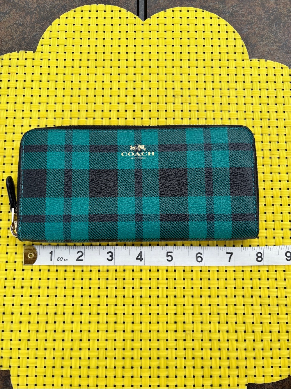 Coach Riley Plaid Coated Canvas Slim Accordion Zip Wallet in Teal and Black - Picture 7 of 8